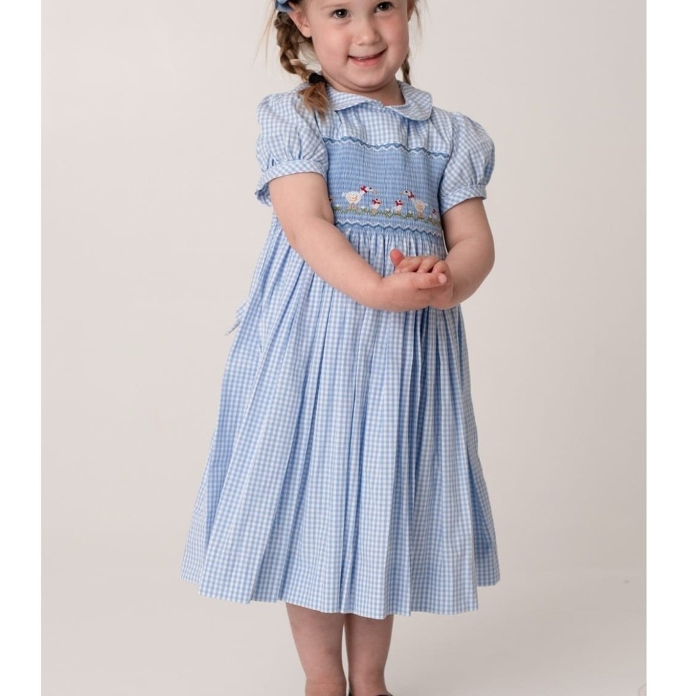Annafie London Benita Blue Gingham Hand Smocked Geese Dress 24M Peter Pan Collar